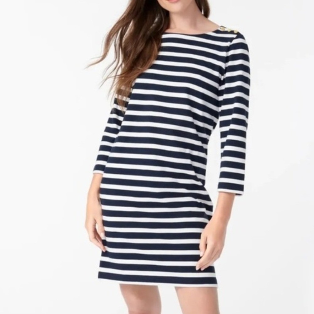 J Crew Shoulder Button Stripe Mini Dress Mariner Cloth Blue White Cotton Small